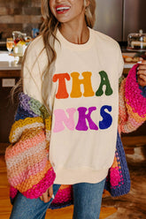 THANKS Round Neck Long Sleeve Sweatshirt Cream OutfitFlow