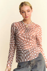Davi & Dani Checker Board Mesh Long Sleeve Layering Top MOCHA MOUSSE OutfitFlow