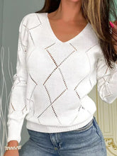 Openwork V-Neck Long Sleeve Sweater White OutfitFlow