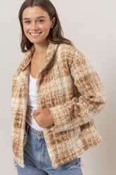HYFVE Plaid Collared Neck Boucle Jacket with Pockets Taupe OutfitFlow