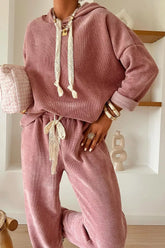 Lace Detail Dropped Shoulder Hoodie and Pants Set Dusty Pink OutfitFlow