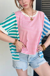 Color Block Striped Batwing Sleeve T-Shirt Pink OutfitFlow