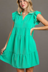 Umgee Full Size Johnny Collar Ruffle Cap Sleeve Tiered Dress Plus Size Jade Green OutfitFlow