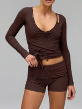 Long Sleeve Fitted T-Shirt and Shorts Set Brown OutfitFlow