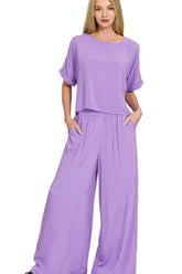 Zenana Round Neck T-Shirt and Wide Leg Pants Set LAVENDER OutfitFlow