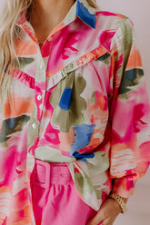 Abstract Print Collared Neck Long Sleeve Shirt Pink OutfitFlow