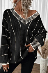 Striped V-Neck Long Sleeve Sweater Black OutfitFlow
