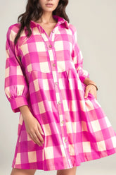 Ruched Plaid Three-Quarter Sleeve Shirt Dress Hot Pink OutfitFlow