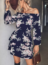 Off-Shoulder Floral Print Long Sleeve Mini Dress Navy OutfitFlow