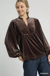 Umgee Velvet Long Sleeve Blouse with Contrast Trim ESPRESSO OutfitFlow