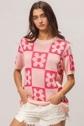 BiBi Flower Checker Pattern Short Sleeve Sweater Blush Fuchsia OutfitFlow