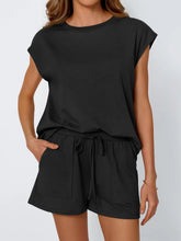 Round Neck Cap Sleeve Top and Shorts Set Black OutfitFlow