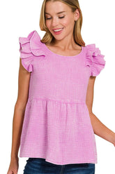 Zenana Double Gauze Acid Washed Tiered Ruffle Peplum Top MAUVE OutfitFlow
