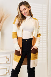 Woven Right Color Block Dropped Shoulder Cardigan Brown Tan Stripe OutfitFlow