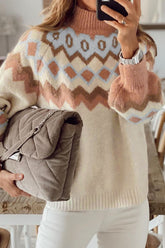 Geometric Mock Neck Long Sleeve Sweater Beige OutfitFlow