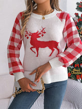 Reindeer Plaid Round Neck Long Sleeve Sweater White OutfitFlow