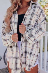 Plaid Button Up Long Sleeve Shacket White OutfitFlow