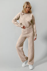 Double Take Full Size Checkered Round Neck Top and Pants Set Tan OutfitFlow