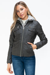 YMI Removable Faux Layered Multi-Pocket Jacket with Fuzzy Hood Charcoal OutfitFlow