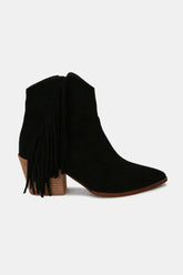 Beast Fashion Suede Fringe Point Toe Ankle Boots Black OutfitFlow