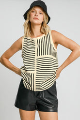 Umgee Round Neck Texture Striped Tank Cream OutfitFlow