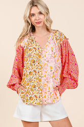Mittoshop Mixed Patchwork Print Long Sleeve Blouse ORANGE PINK OutfitFlow