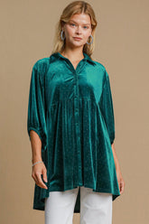 Umgee Full Size Polka Dot Collared Neck Button Up Shirt Teal Green OutfitFlow