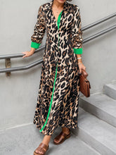 Leopard Print Long Sleeve Shirt Dress with Contrast Trim Army Green OutfitFlow