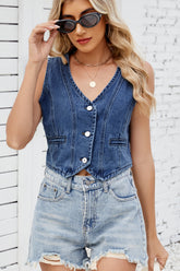 Button Down V-Neck Denim Vest Medium OutfitFlow