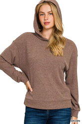 Zenana Ribbed Long Sleeve Hoodie BROWN OutfitFlow