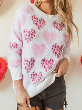 Heart Leopard Pearled Ribbed Trim Fuzzy Sweater Blush Pink Trendsi