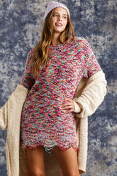 Umgee Full Size Distressed Hem Multicolored Round Neck Knit Tunic Dress Plus Size MINT PINK OutfitFlow