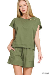 Zenana Premium Cotton Top & Shorts Set LT OLIVE OutfitFlow