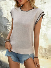 Perfee Contrast Trim Round Neck Cap Sleeve Knit Top Dust Storm OutfitFlow