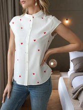 Heart Print Cap Sleeve Button-Up Shirt White OutfitFlow