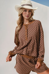 Double Take Checkered Half Button Top and Shorts Set Brown OutfitFlow