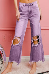 BiBi Distressed Vintage Washed Wide Leg Pants VINTAGE LAVENDER OutfitFlow
