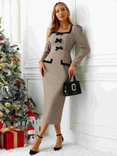 Bow Plaid Square Neck Puff Sleeve Dress Taupe OutfitFlow