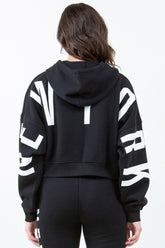 American Bazi Letter Graphic Long Sleeve Drawstring Cropped Hoodie Black OutfitFlow