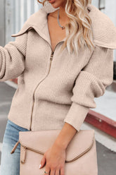 Zip Up Long Sleeve Cardigan Beige OutfitFlow