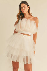 MABLE Tulle Tube Ruffle Crop Top and High Low Maxi Skirt Set Cream OutfitFlow