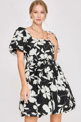 Umgee Full Size Two Tone Floral Print Babydoll Dress Plus Size Black White OutfitFlow