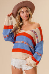 BiBi Multi Color Stripe Scoop Neck Sweater Rust Oatmeal Blue OutfitFlow
