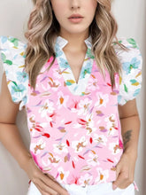 Printed Notched Cap Sleeve Blouse Blush Pink OutfitFlow