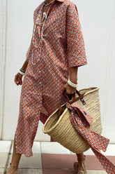 Slit Printed Collared Neck Three-Quarter Sleeve Midi Shirt Dress Red OutfitFlow