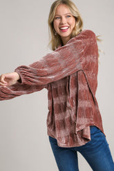 Umgee Ruched Tiered Button Up Shirt Red Bean OutfitFlow