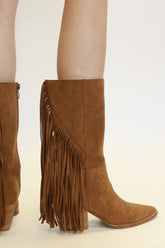 Beast Fashion Suede Fringe Point Toe Boots Coffee OutfitFlow