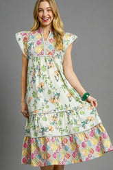 Umgee Patchwork Garden Midi Dress Gum Leaf OutfitFlow