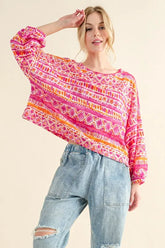 And The Why Cozy Textured Printed Casual Top CORAL OutfitFlow