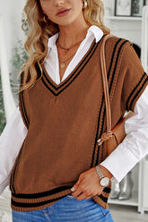 Striped Trim V-Neck Sweater Vest Brown OutfitFlow